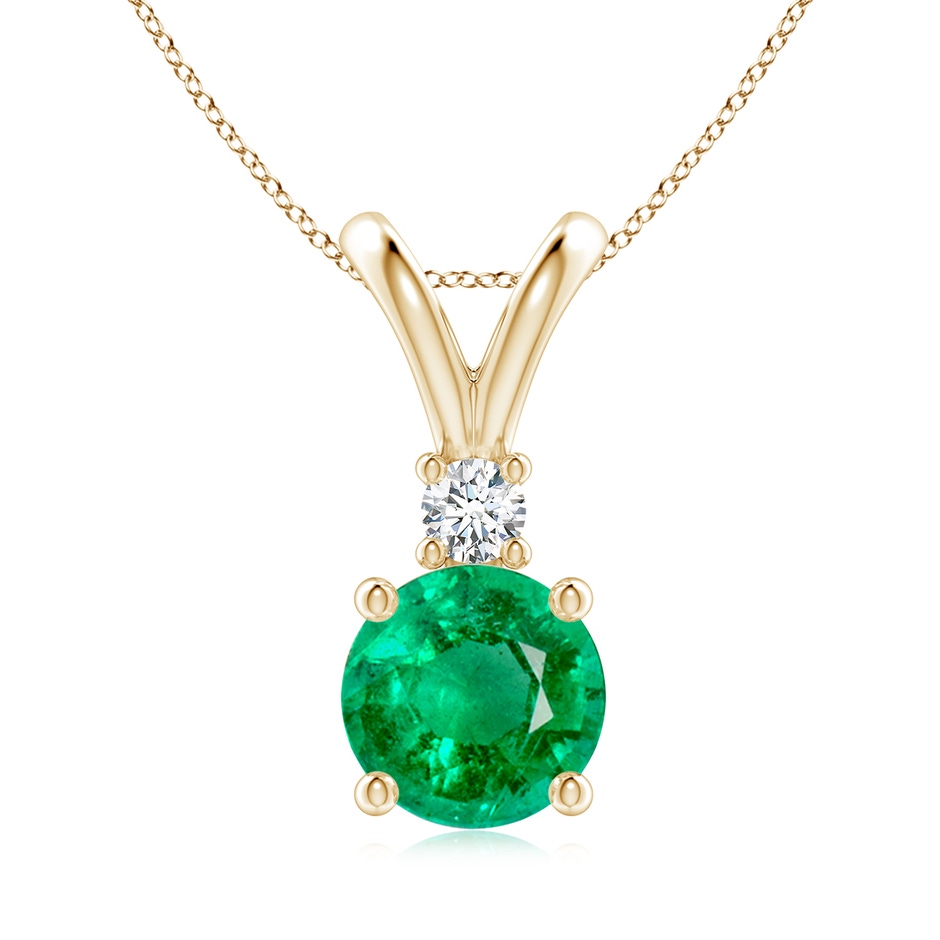 8mm AAA Round Emerald Solitaire V-Bale Pendant with Diamond in Yellow Gold 
