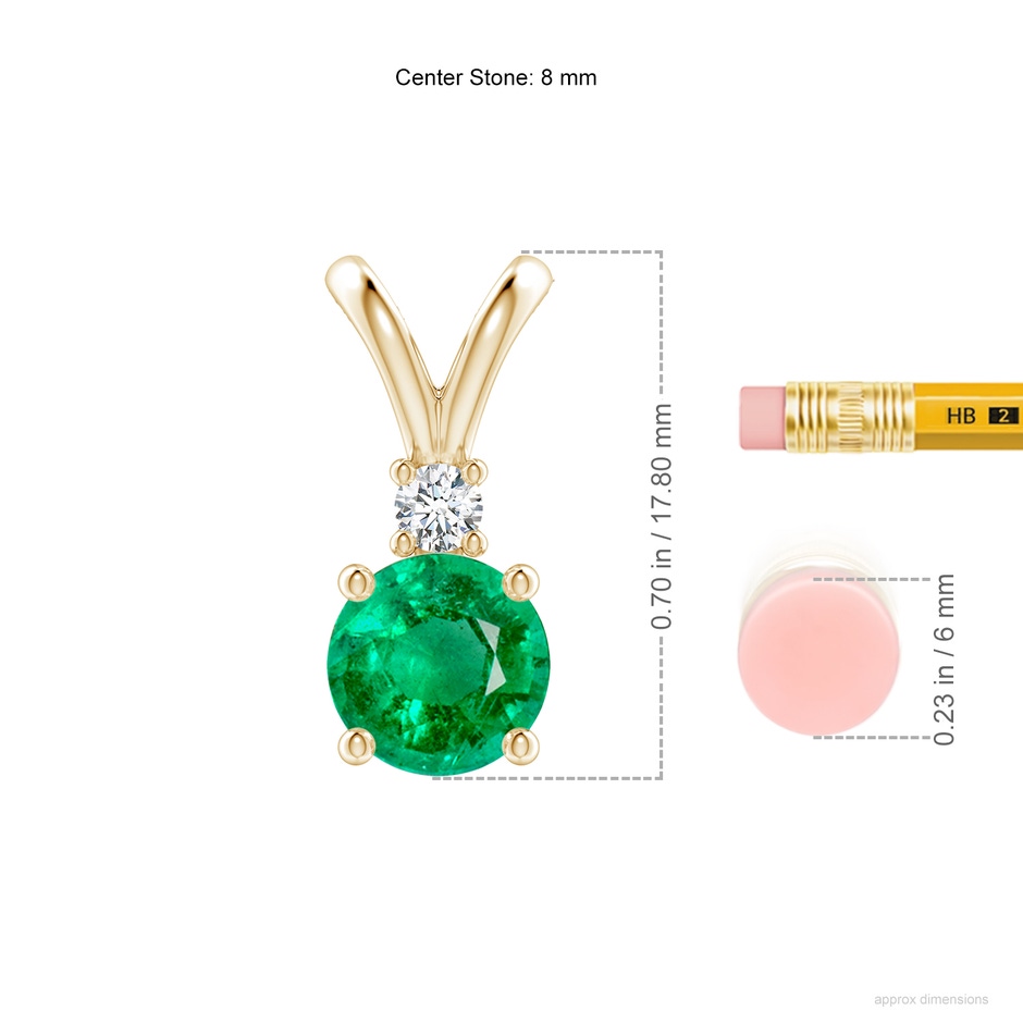 8mm AAA Round Emerald Solitaire V-Bale Pendant with Diamond in Yellow Gold ruler