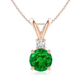 8mm AAAA Round Emerald Solitaire V-Bale Pendant with Diamond in Rose Gold