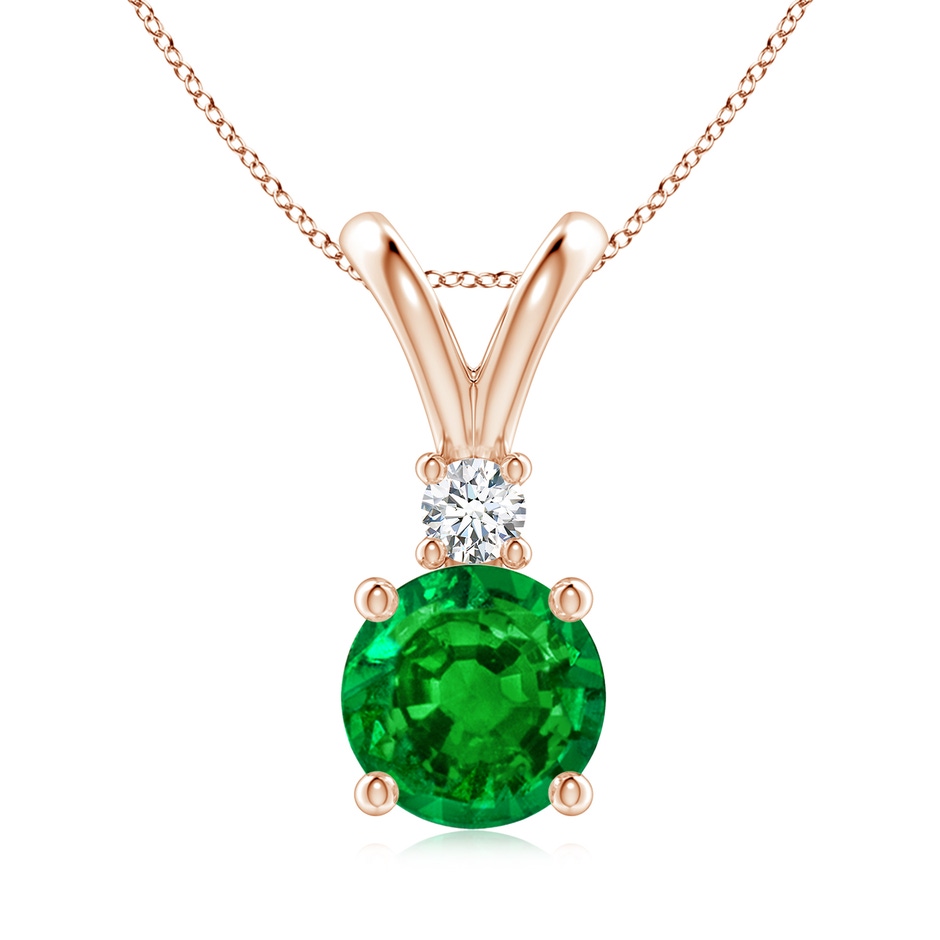 8mm AAAA Round Emerald Solitaire V-Bale Pendant with Diamond in Rose Gold 