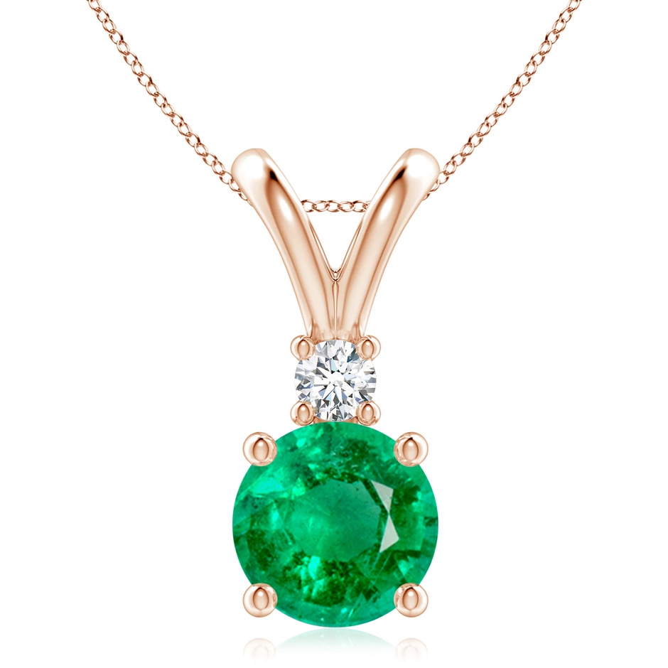 9mm AAA Round Emerald Solitaire V-Bale Pendant with Diamond in Rose Gold 