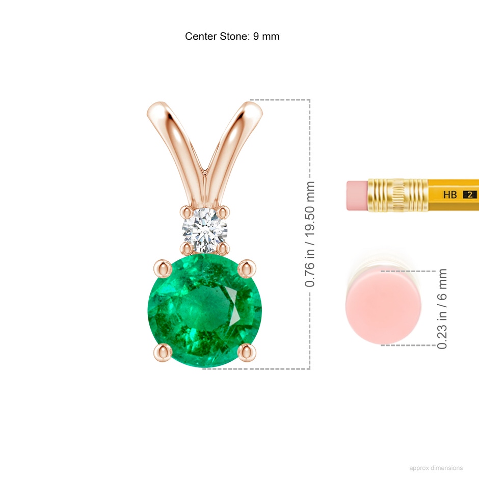 9mm AAA Round Emerald Solitaire V-Bale Pendant with Diamond in Rose Gold ruler