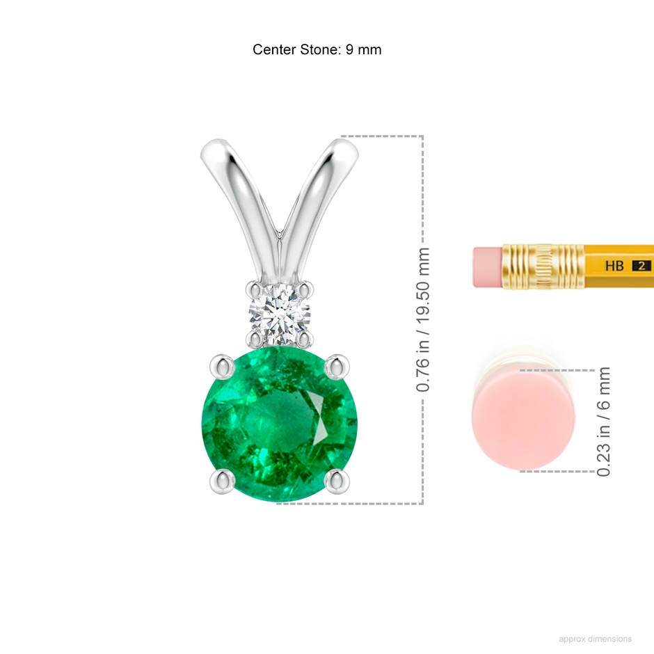 9mm AAA Round Emerald Solitaire V-Bale Pendant with Diamond in S999 Silver ruler