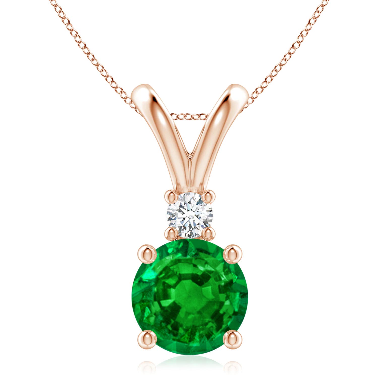 9mm AAAA Round Emerald Solitaire V-Bale Pendant with Diamond in Rose Gold