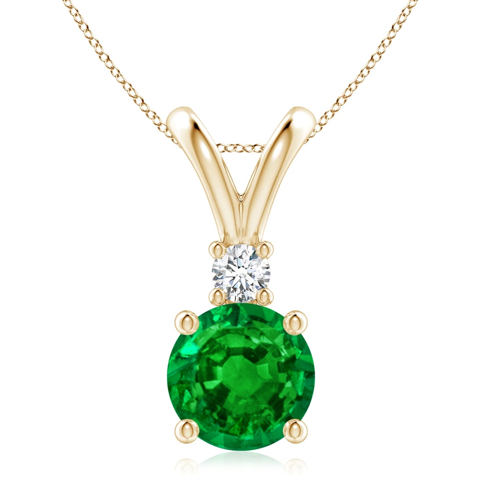 9mm AAAA Round Emerald Solitaire V-Bale Pendant with Diamond in Yellow Gold 