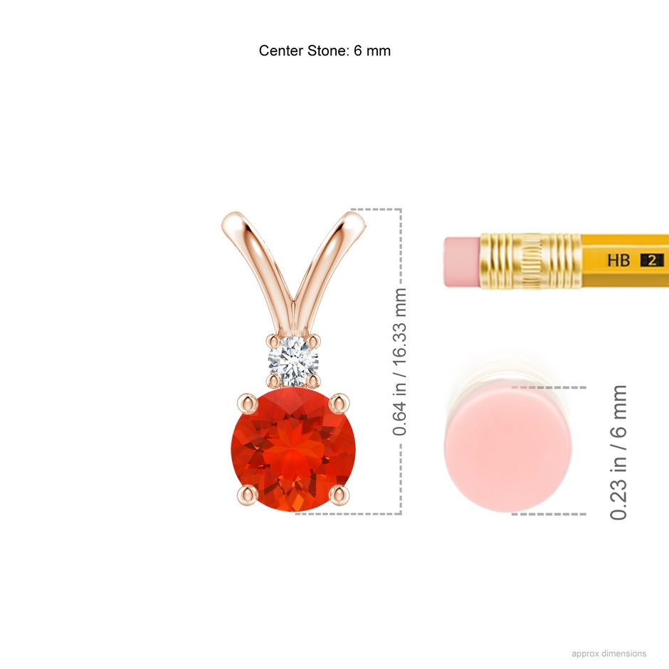 6mm AAAA Round Fire Opal Solitaire V-Bale Pendant with Diamond in Rose Gold ruler