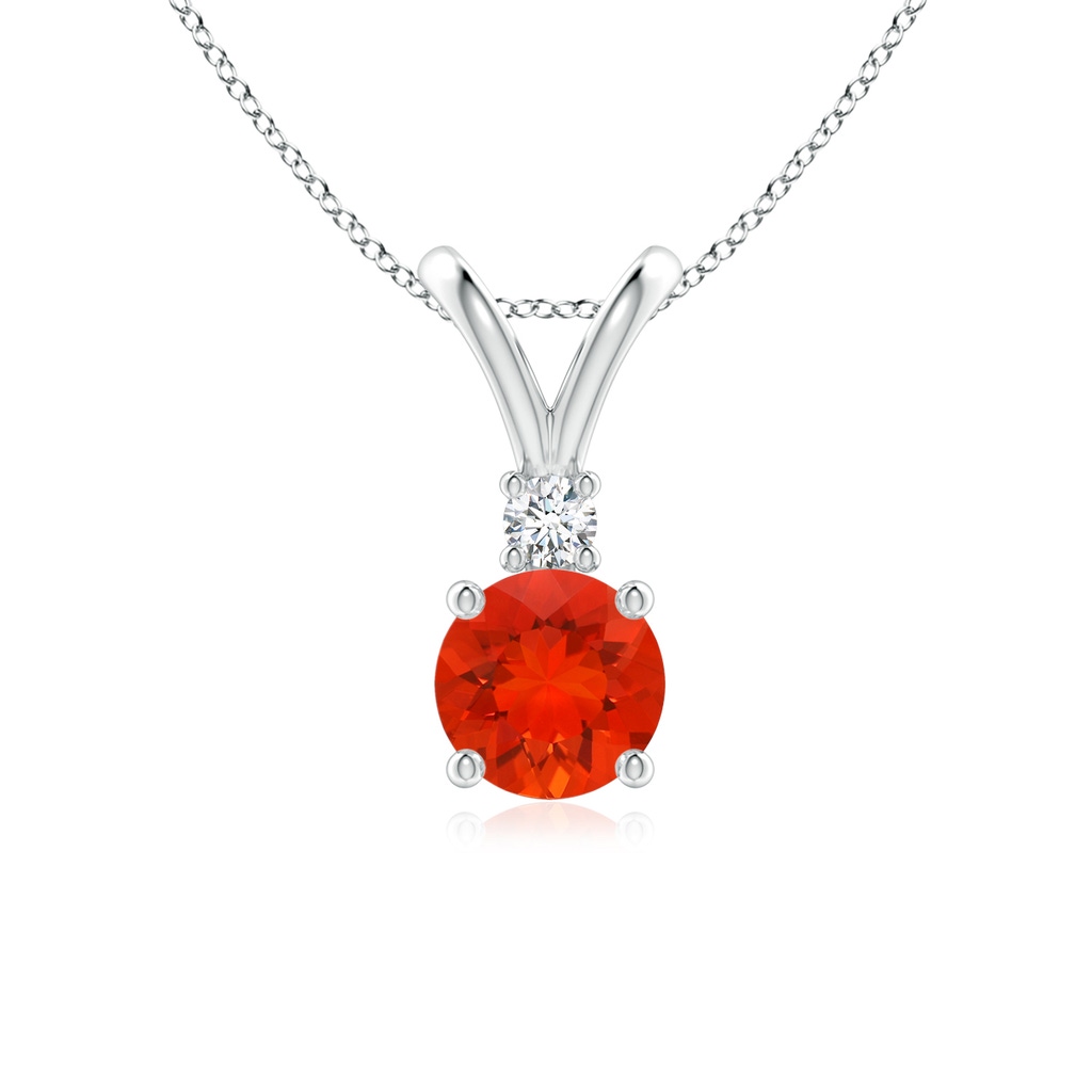 6mm AAAA Round Fire Opal Solitaire V-Bale Pendant with Diamond in White Gold