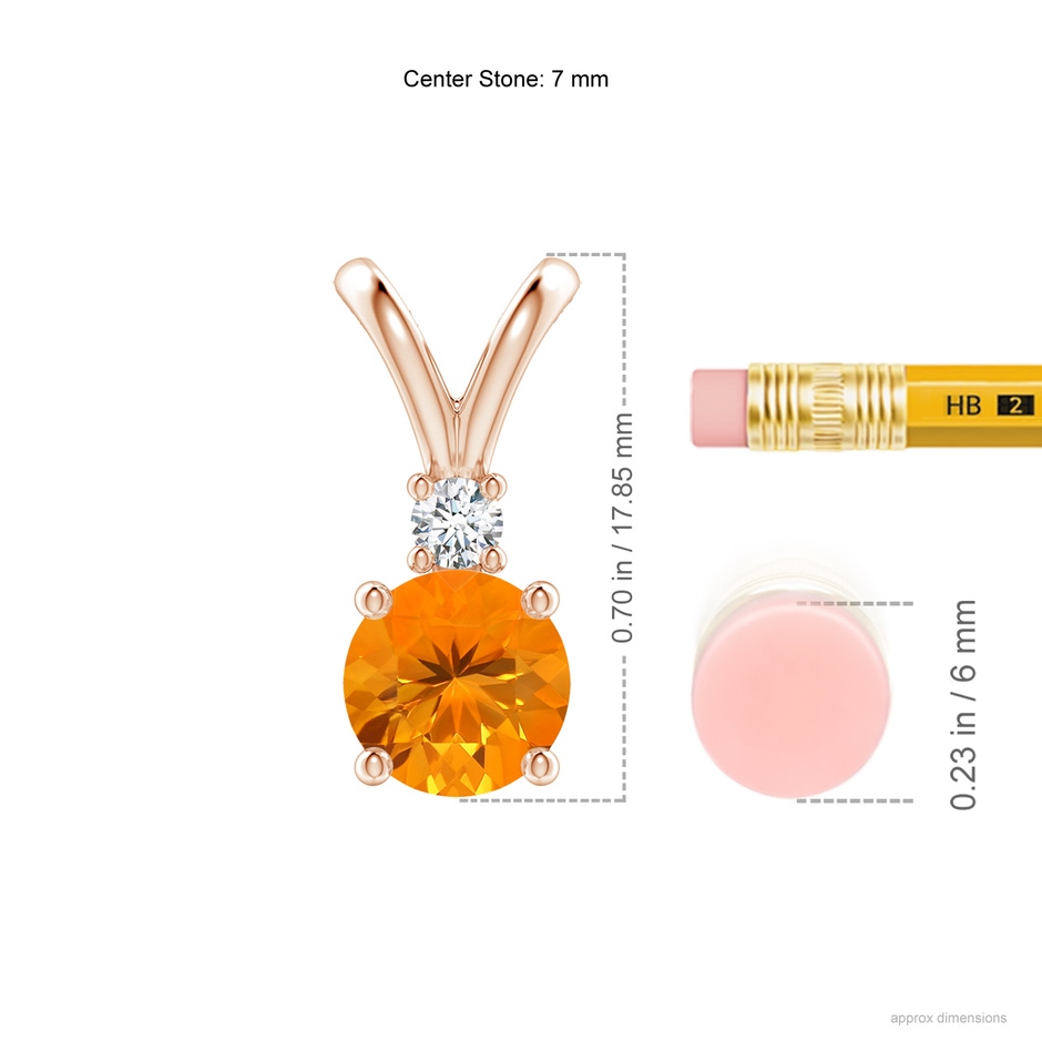 7mm AA Round Fire Opal Solitaire V-Bale Pendant with Diamond in Rose Gold ruler