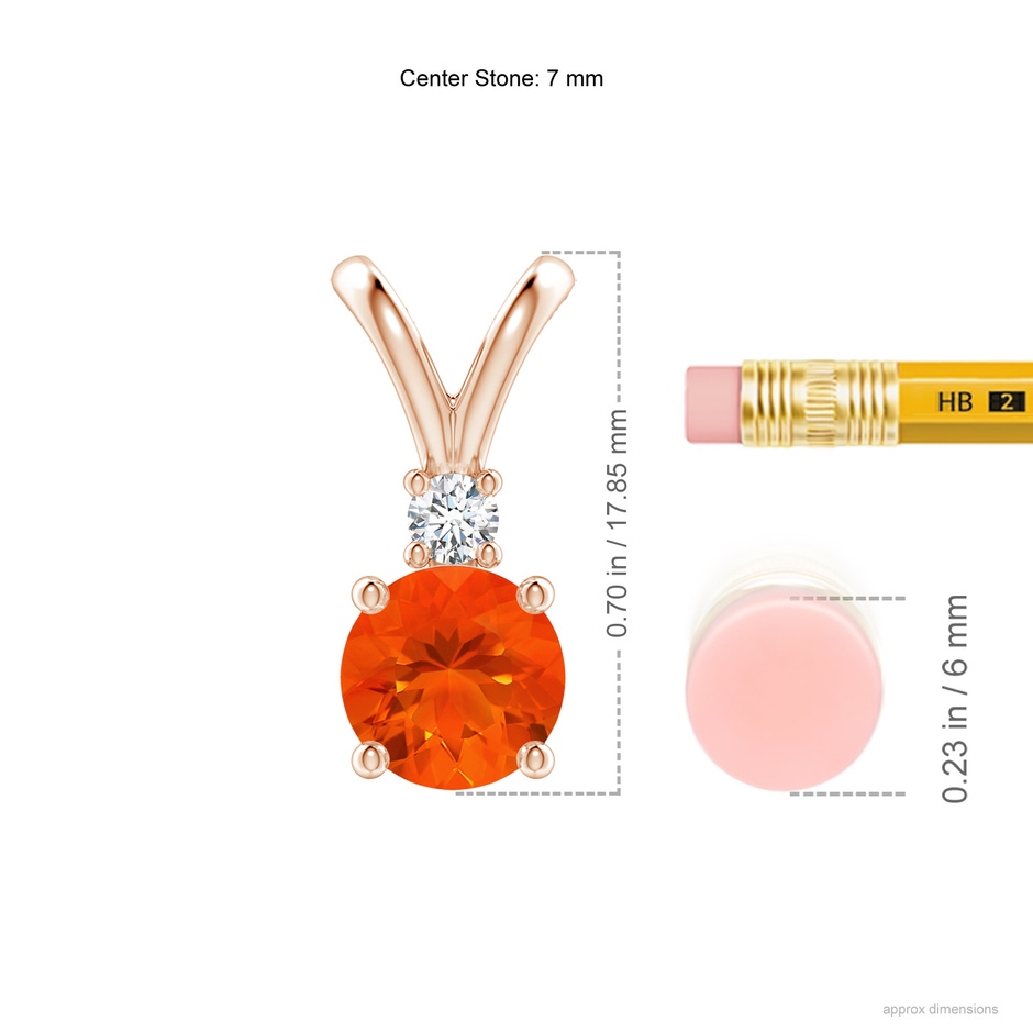 7mm AAA Round Fire Opal Solitaire V-Bale Pendant with Diamond in Rose Gold ruler