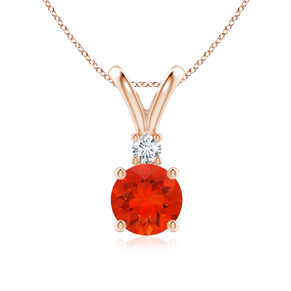 7mm AAAA Round Fire Opal Solitaire V-Bale Pendant with Diamond in Rose Gold 