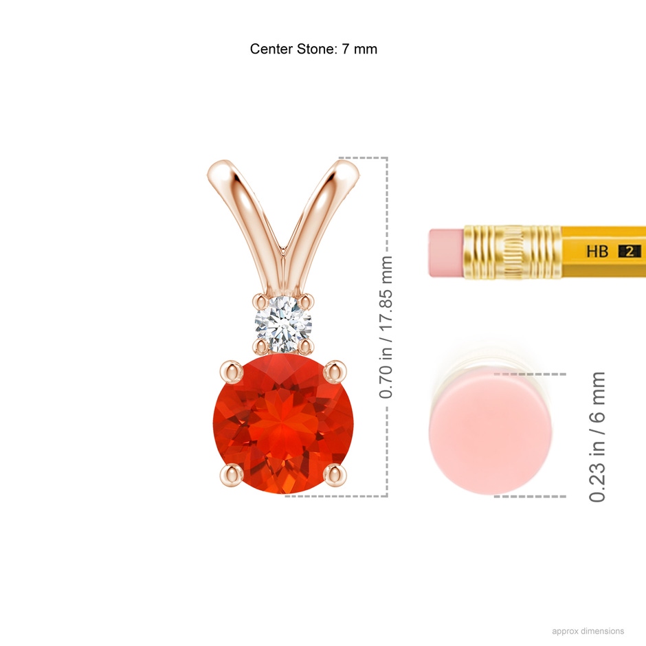 7mm AAAA Round Fire Opal Solitaire V-Bale Pendant with Diamond in Rose Gold ruler
