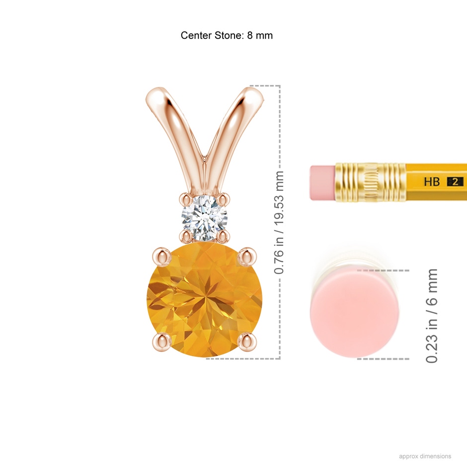 8mm A Round Fire Opal Solitaire V-Bale Pendant with Diamond in Rose Gold ruler