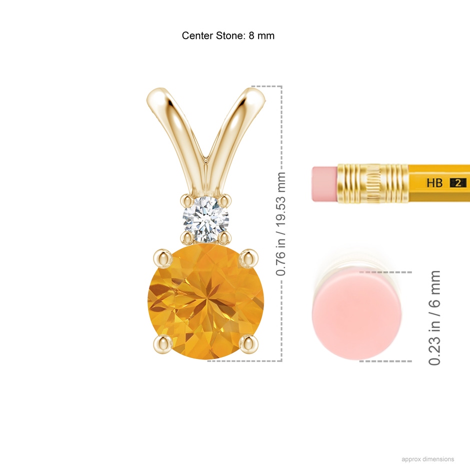 8mm A Round Fire Opal Solitaire V-Bale Pendant with Diamond in Yellow Gold ruler
