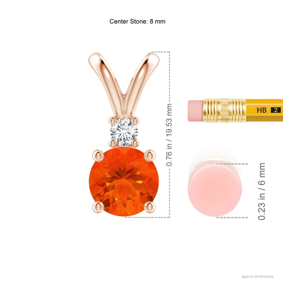 8mm AAA Round Fire Opal Solitaire V-Bale Pendant with Diamond in Rose Gold ruler