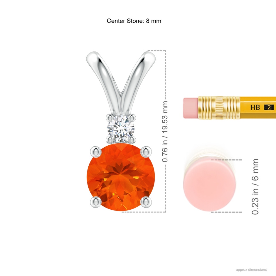 8mm AAA Round Fire Opal Solitaire V-Bale Pendant with Diamond in White Gold ruler