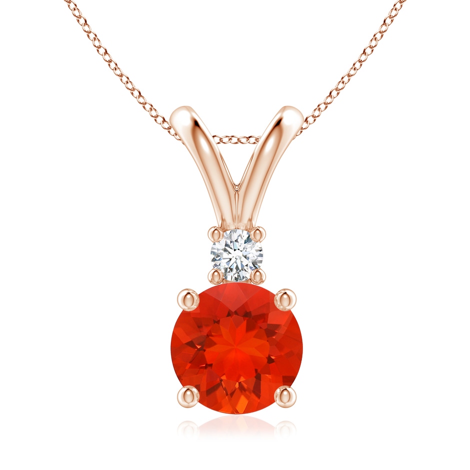 8mm AAAA Round Fire Opal Solitaire V-Bale Pendant with Diamond in Rose Gold 