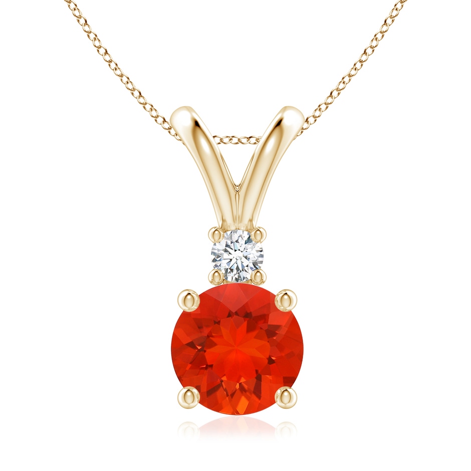 8mm AAAA Round Fire Opal Solitaire V-Bale Pendant with Diamond in Yellow Gold 
