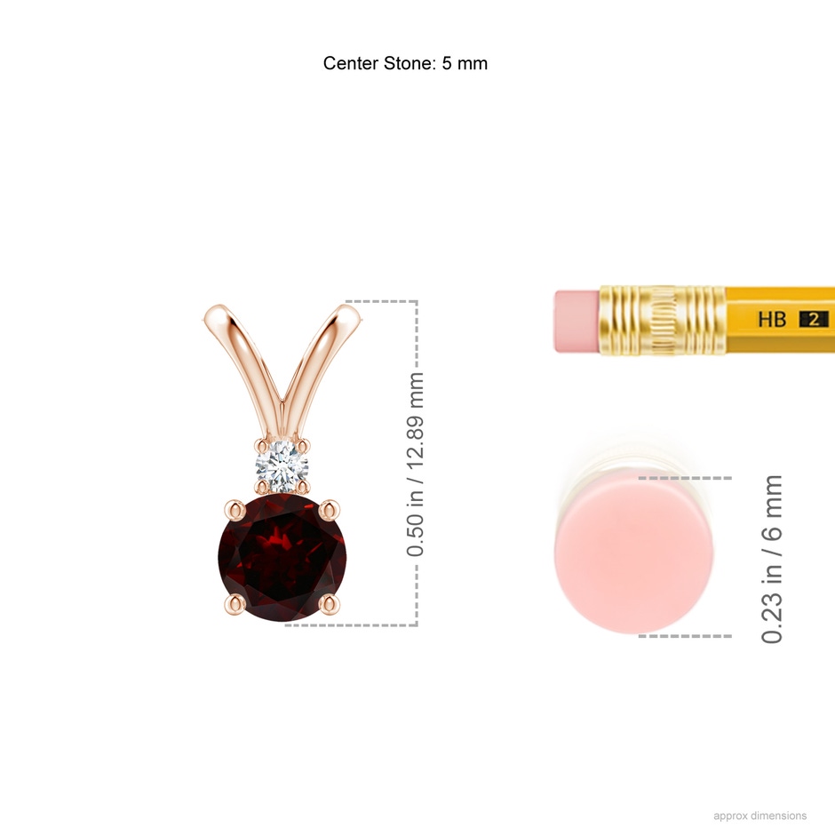 5mm A Round Garnet Solitaire V-Bale Pendant with Diamond in Rose Gold ruler