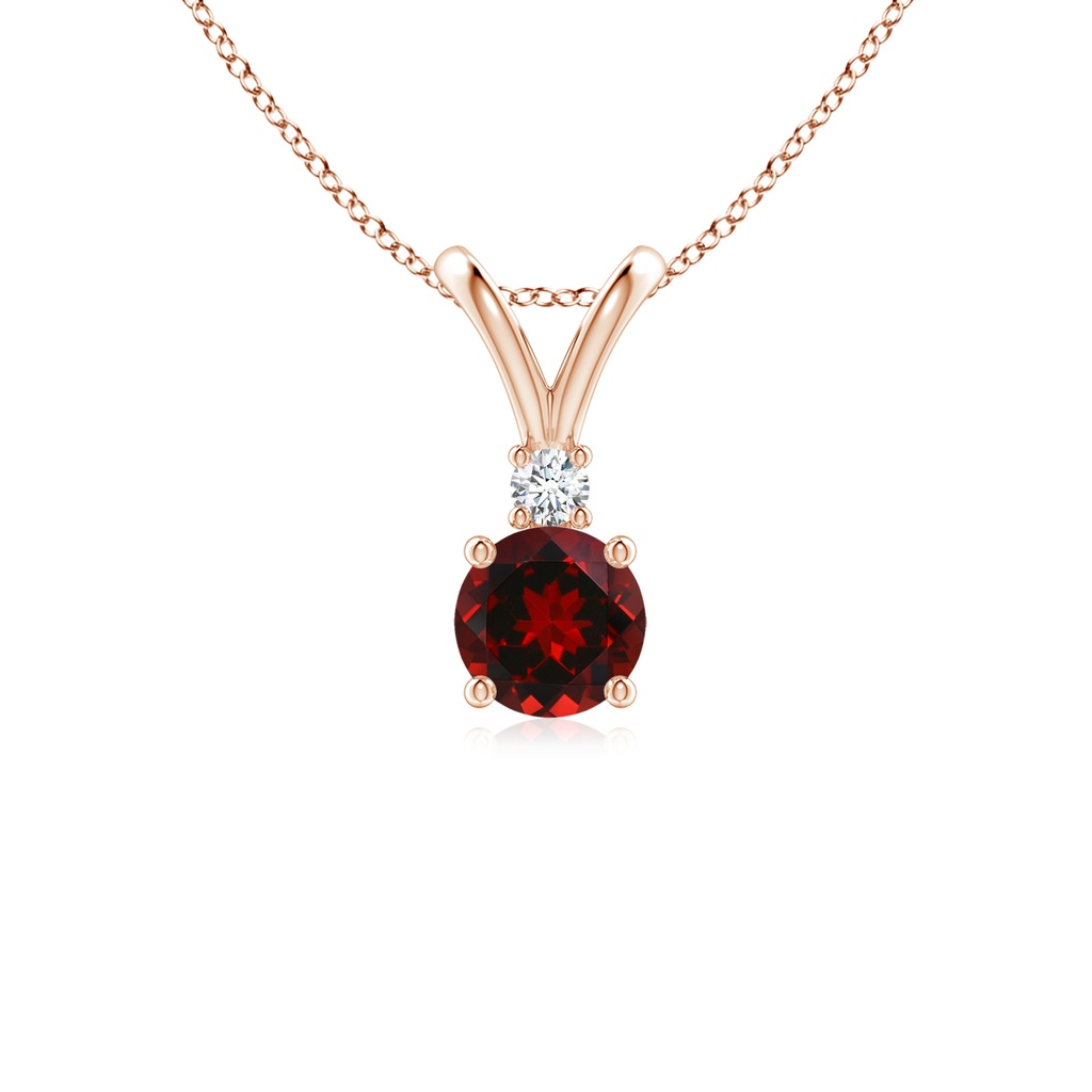 5mm AAAA Round Garnet Solitaire V-Bale Pendant with Diamond in Rose Gold