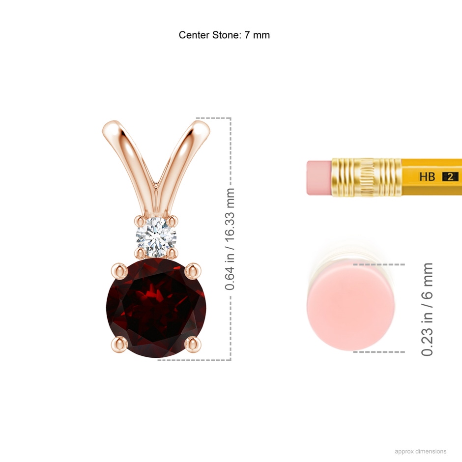 7mm A Round Garnet Solitaire V-Bale Pendant with Diamond in Rose Gold ruler