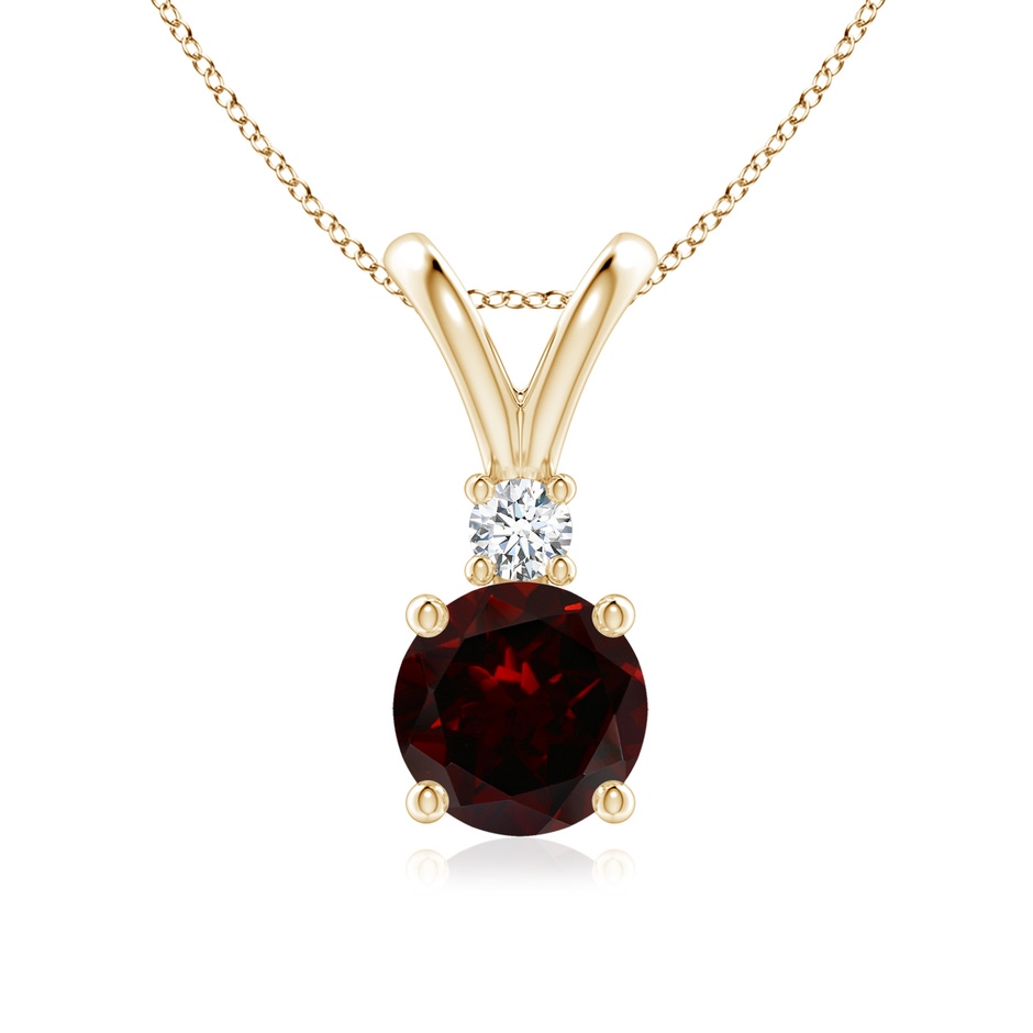 7mm A Round Garnet Solitaire V-Bale Pendant with Diamond in Yellow Gold 