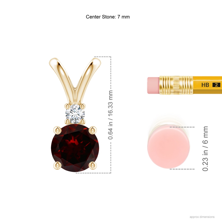 7mm A Round Garnet Solitaire V-Bale Pendant with Diamond in Yellow Gold ruler
