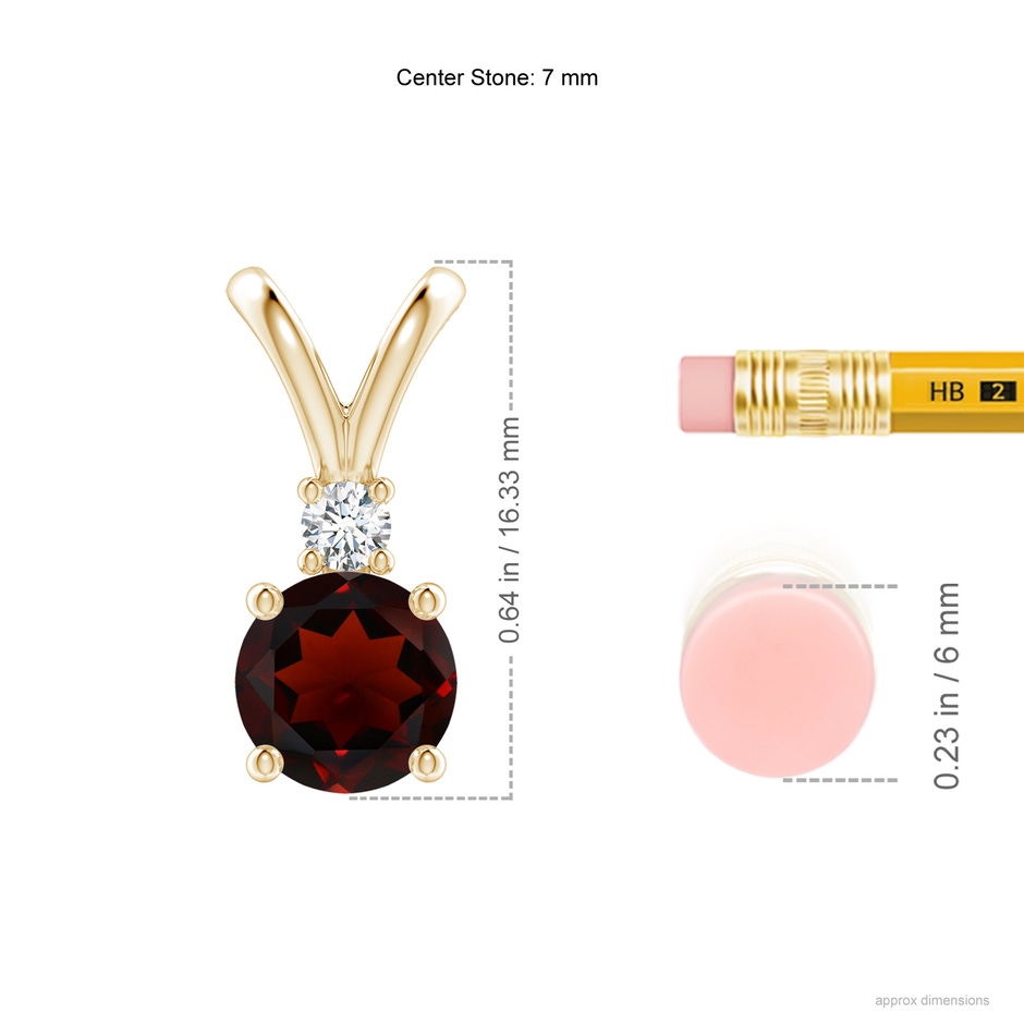 7mm AA Round Garnet Solitaire V-Bale Pendant with Diamond in Yellow Gold ruler