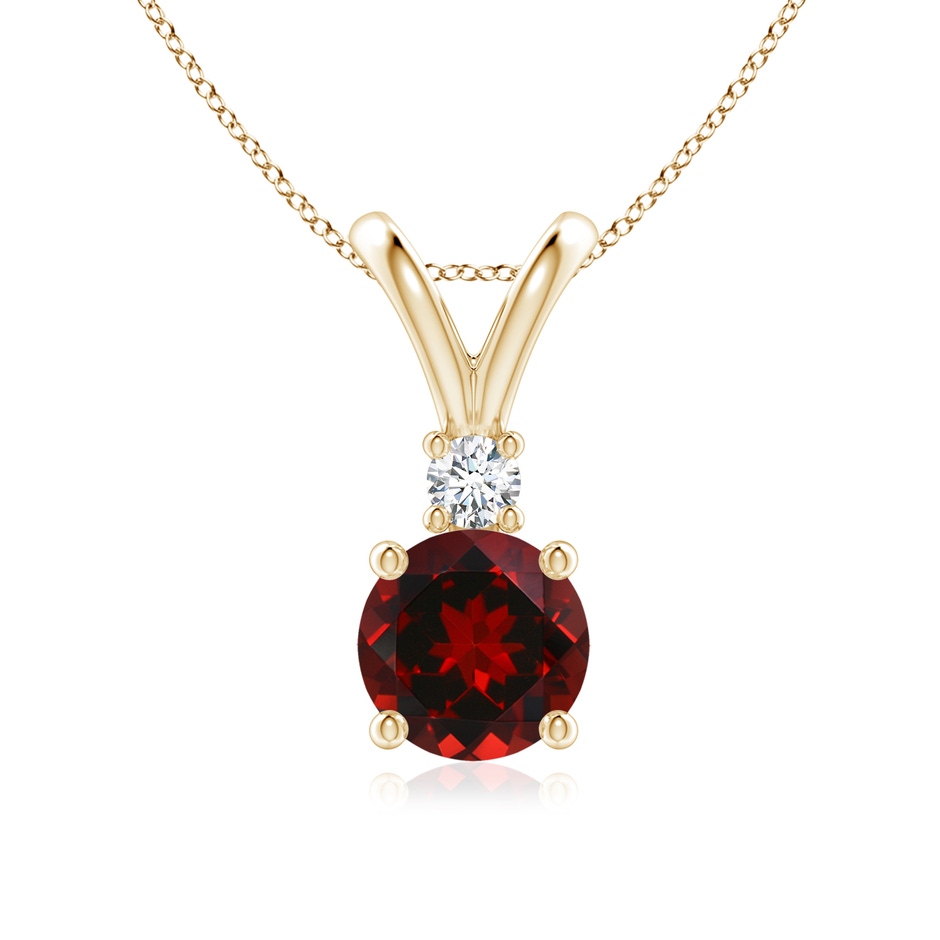 7mm AAAA Round Garnet Solitaire V-Bale Pendant with Diamond in Yellow Gold 