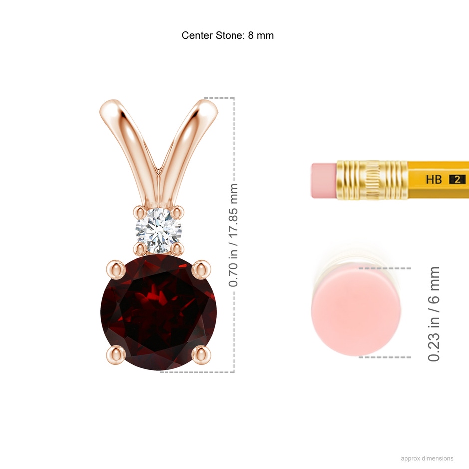 8mm A Round Garnet Solitaire V-Bale Pendant with Diamond in Rose Gold ruler