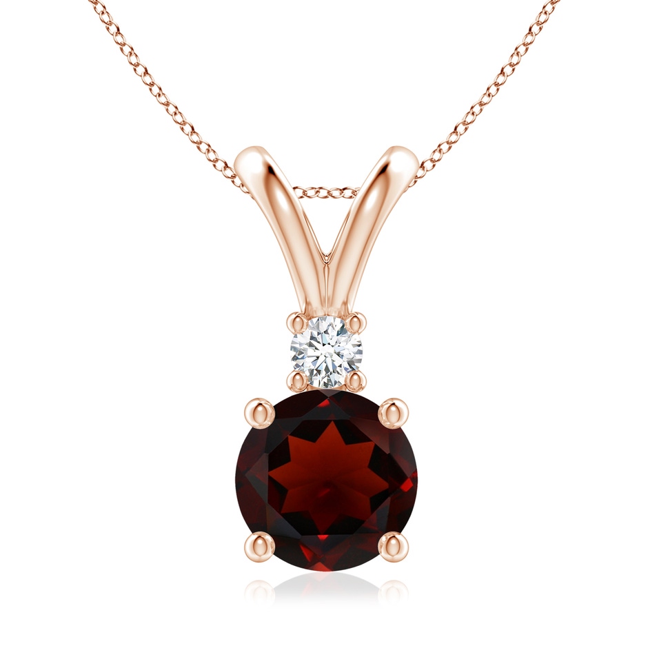 8mm AA Round Garnet Solitaire V-Bale Pendant with Diamond in Rose Gold 