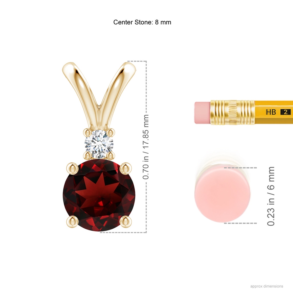 8mm AAA Round Garnet Solitaire V-Bale Pendant with Diamond in Yellow Gold Ruler
