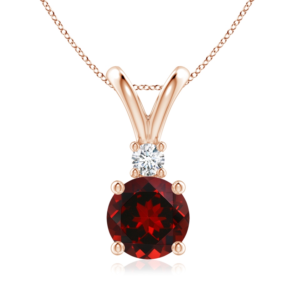 8mm AAAA Round Garnet Solitaire V-Bale Pendant with Diamond in Rose Gold 