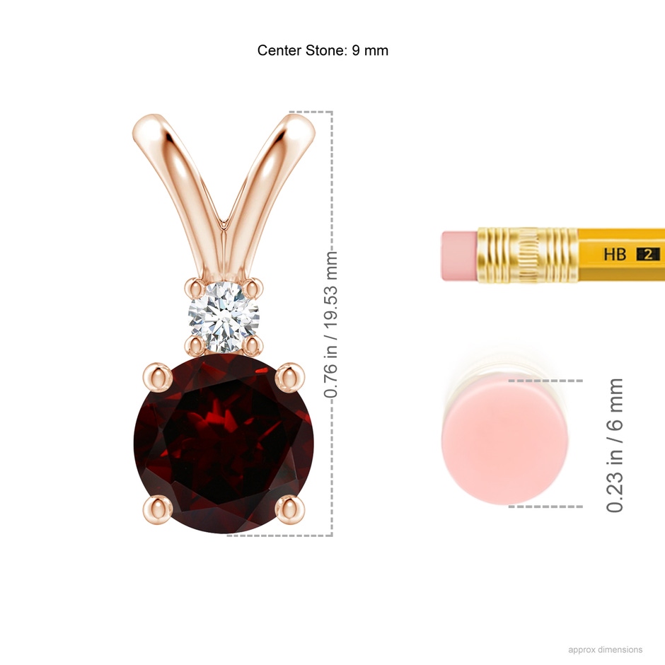 9mm A Round Garnet Solitaire V-Bale Pendant with Diamond in Rose Gold ruler