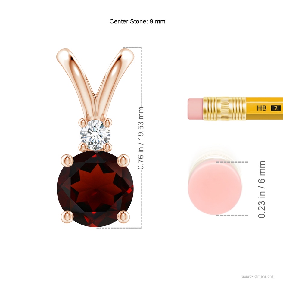 9mm AA Round Garnet Solitaire V-Bale Pendant with Diamond in Rose Gold ruler