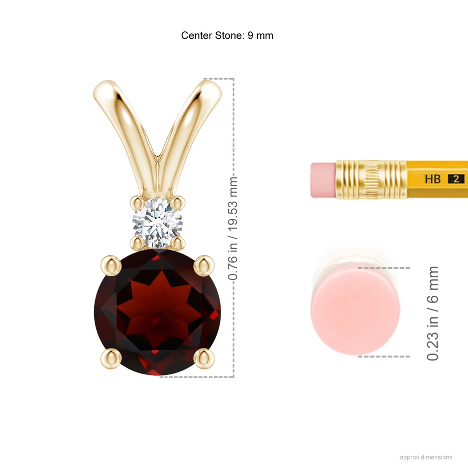 9mm AA Round Garnet Solitaire V-Bale Pendant with Diamond in Yellow Gold ruler