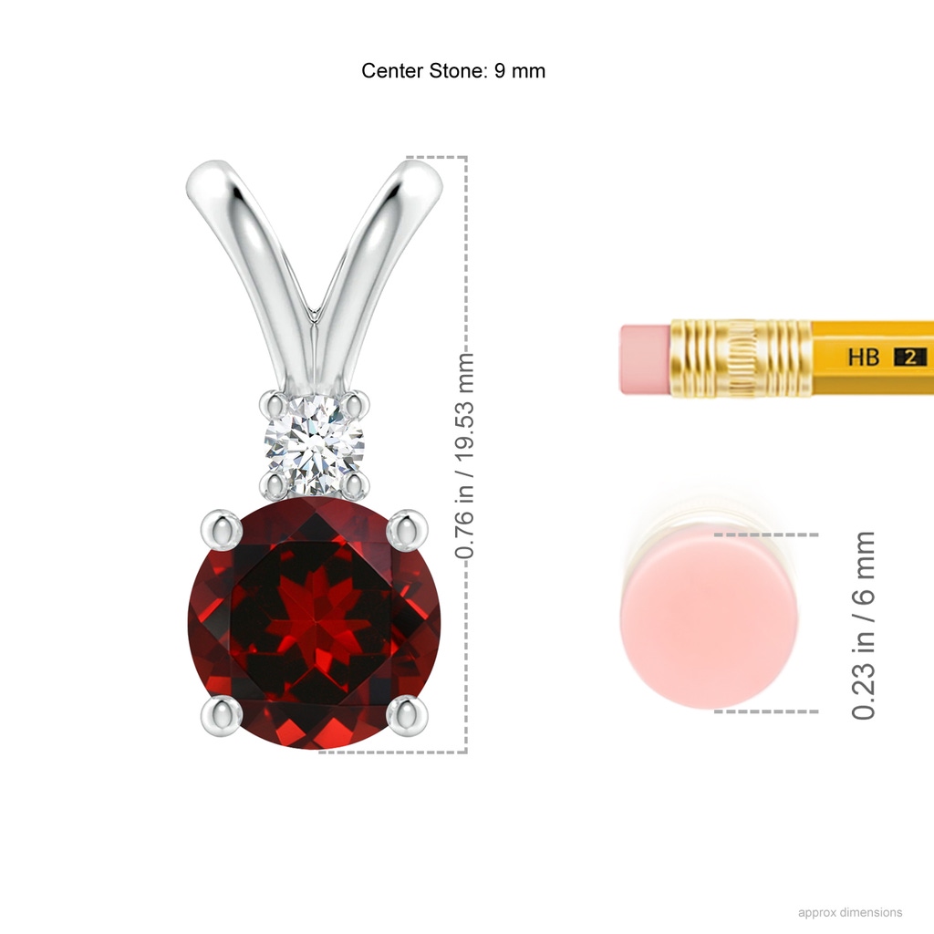9mm AAAA Round Garnet Solitaire V-Bale Pendant with Diamond in P950 Platinum Ruler