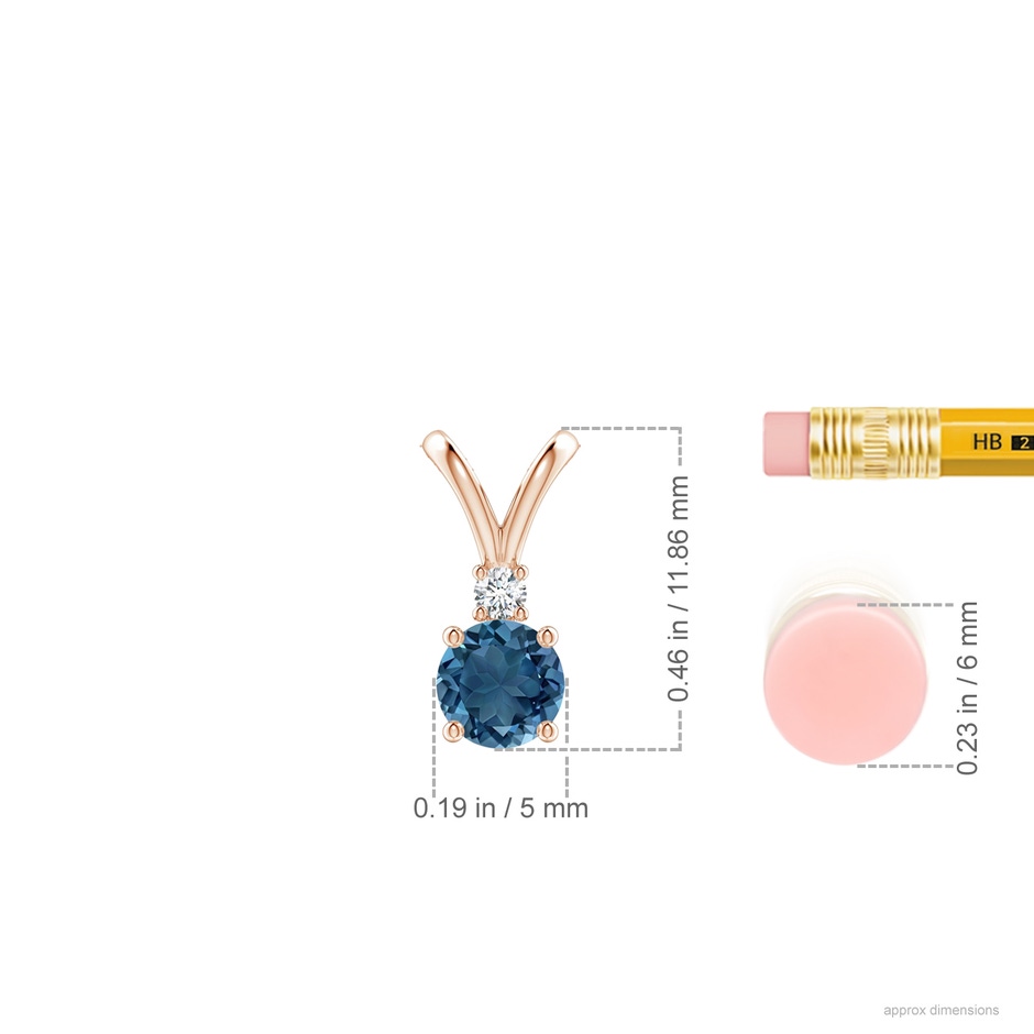 5mm AA Round London Blue Topaz Solitaire Pendant with Diamond in Rose Gold ruler