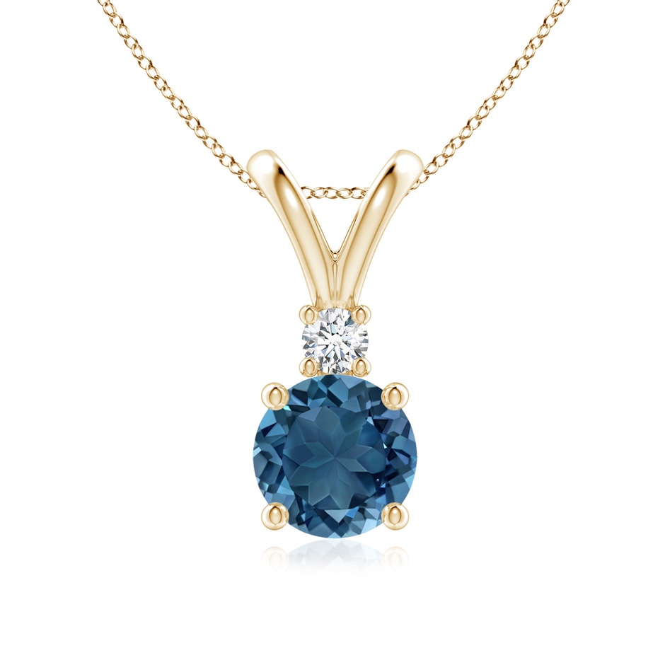 7mm AA Round London Blue Topaz Solitaire Pendant with Diamond in Yellow Gold 
