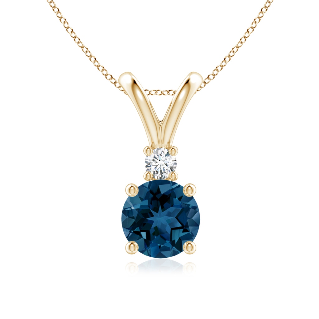 7mm AAA Round London Blue Topaz Solitaire Pendant with Diamond in Yellow Gold