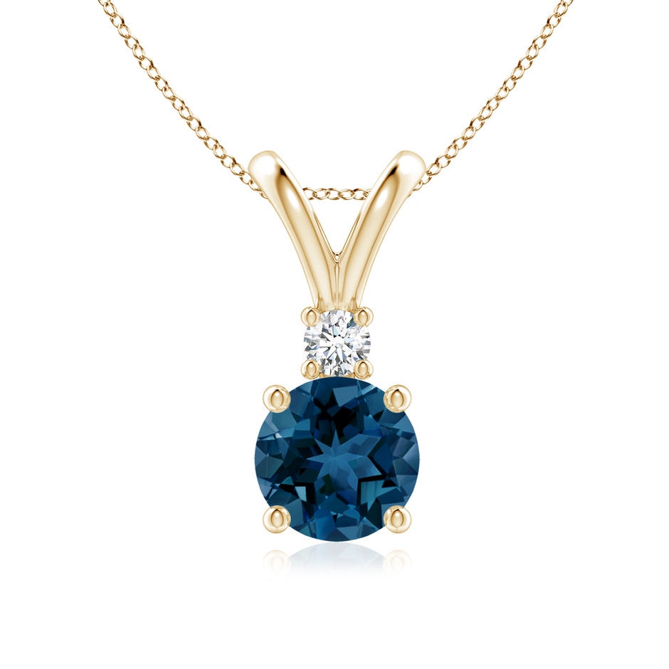 7mm AAA Round London Blue Topaz Solitaire Pendant with Diamond in Yellow Gold 