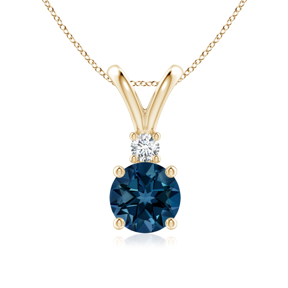 7mm AAAA Round London Blue Topaz Solitaire Pendant with Diamond in Yellow Gold 