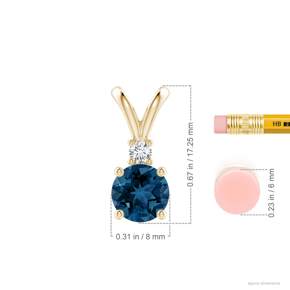 8mm AAA Round London Blue Topaz Solitaire Pendant with Diamond in Yellow Gold ruler