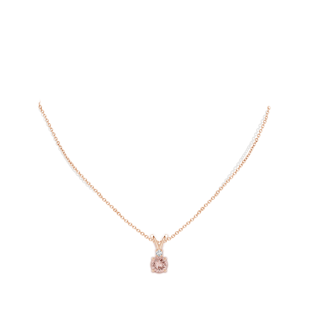 7mm AAAA Round Morganite Solitaire V-Bale Pendant with Diamond in Rose Gold Body-Neck