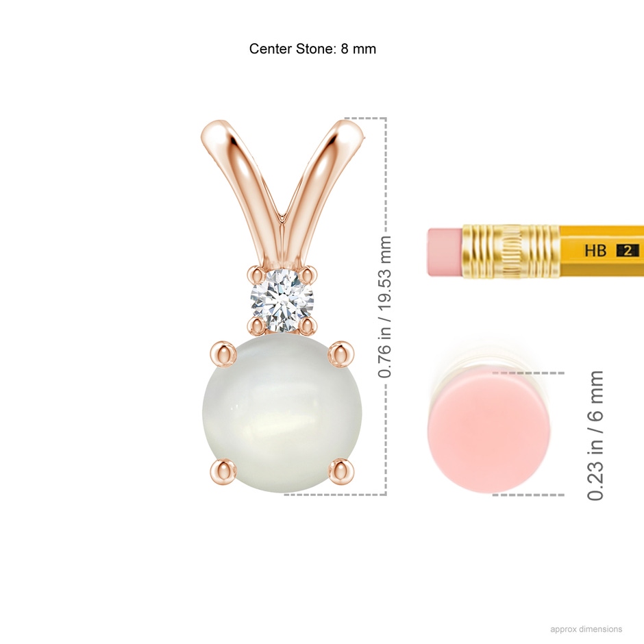8mm AAAA Round Moonstone Solitaire V-Bale Pendant with Diamond in Rose Gold ruler