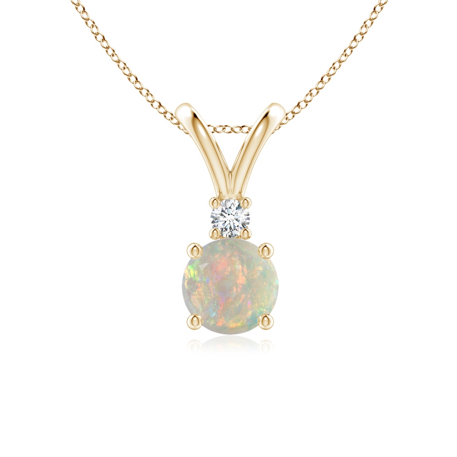 6mm AAAA Round Opal Solitaire V-Bale Pendant with Diamond in Yellow Gold 
