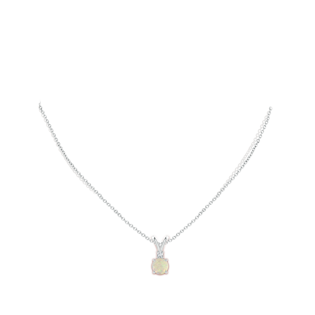 7mm AAA Round Opal Solitaire V-Bale Pendant with Diamond in White Gold Body-Neck