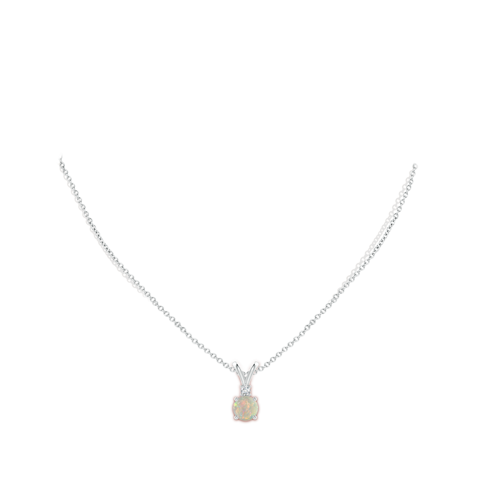 7mm AAAA Round Opal Solitaire V-Bale Pendant with Diamond in White Gold body-neck