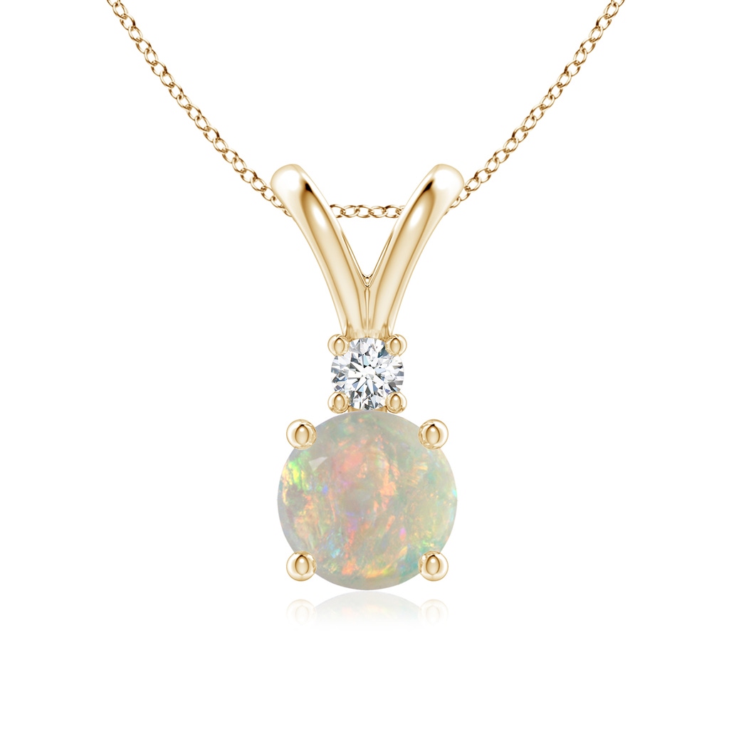 7mm AAAA Round Opal Solitaire V-Bale Pendant with Diamond in Yellow Gold 