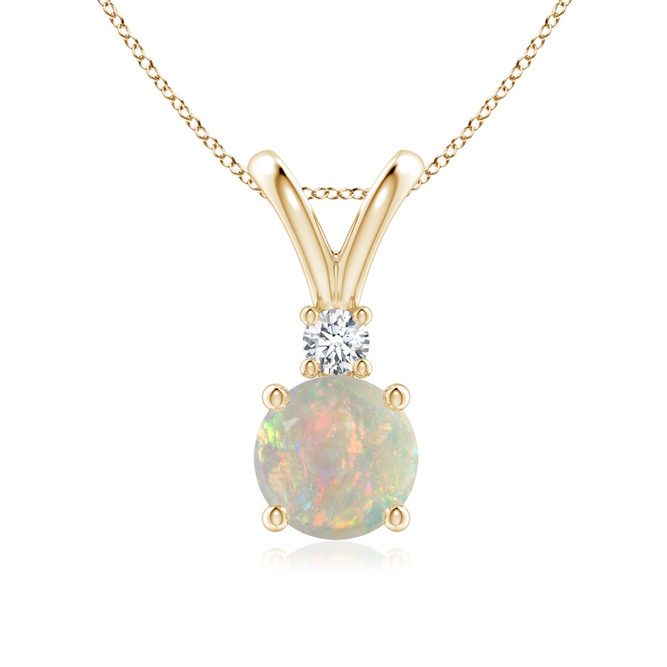 7mm AAAA Round Opal Solitaire V-Bale Pendant with Diamond in Yellow Gold 