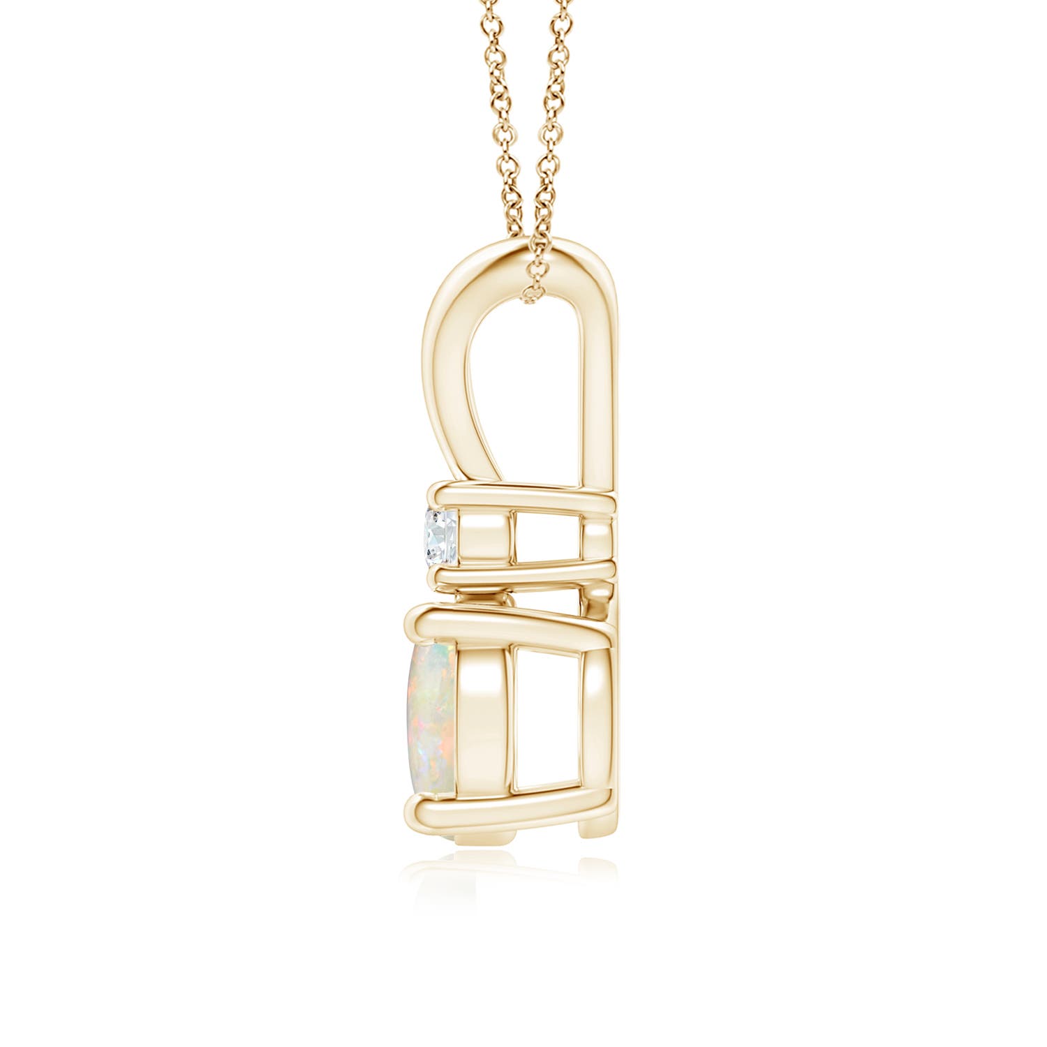 7mm AAAA Round Opal Solitaire V-Bale Pendant with Diamond in Yellow Gold